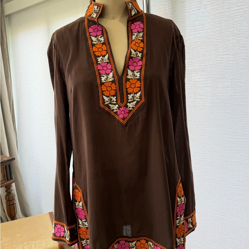 Tory Burch Brown Tunic with Pink and Orange Embroidery